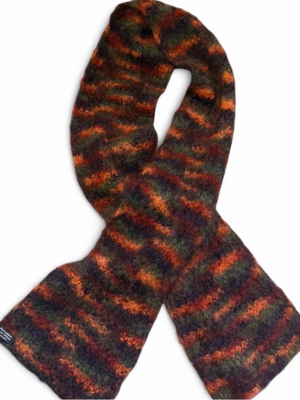 Handknit Vintage Mohair Striped Knit Scarf in Orange and Green